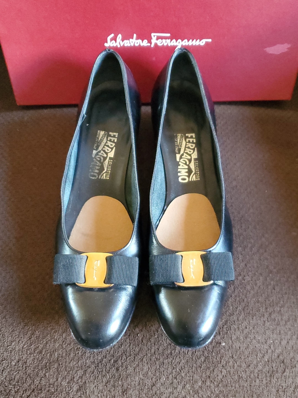 Salvatore Ferragamo Lillaz Black Leather Pumps with Gold Logo Accent